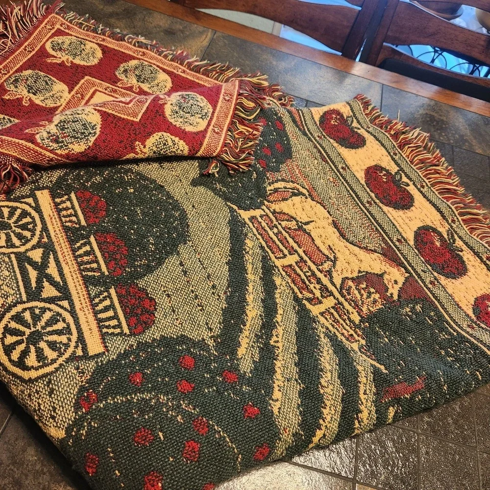 Vtg woven‎ Tapestry Throw Blanket Horses Barn Apple Orchard Thick Cotton Fringe